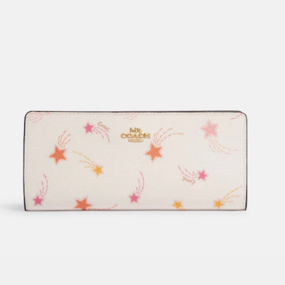 2-NWT: COACH Slim Zip Wallet (CF330)Cream Color With Shooting Stars Print.
